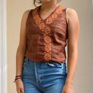 Brown Linen Top w/ Orange Embroidery